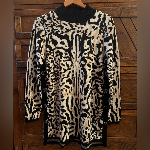 Chicos Cashmere Cotton Blend Knit Leopard Print Sweater Mini Dress - Picture 2 of 11